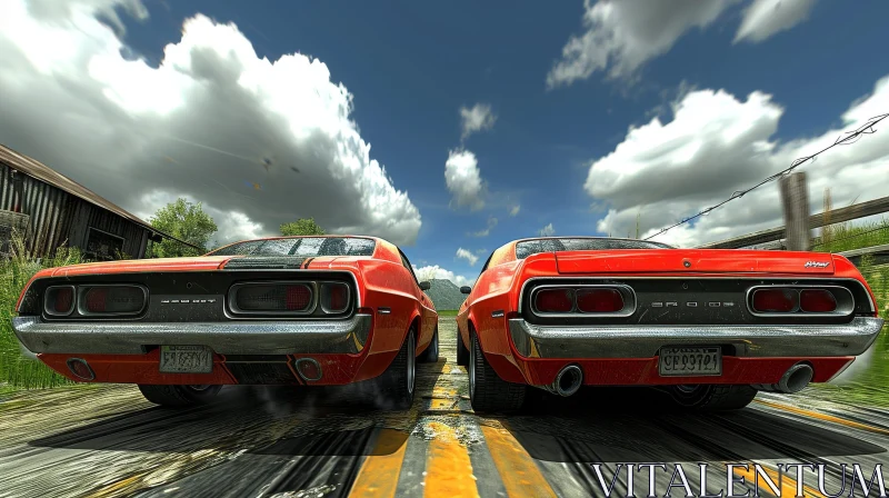 Vintage American Muscle Cars Racing in Countryside AI Image