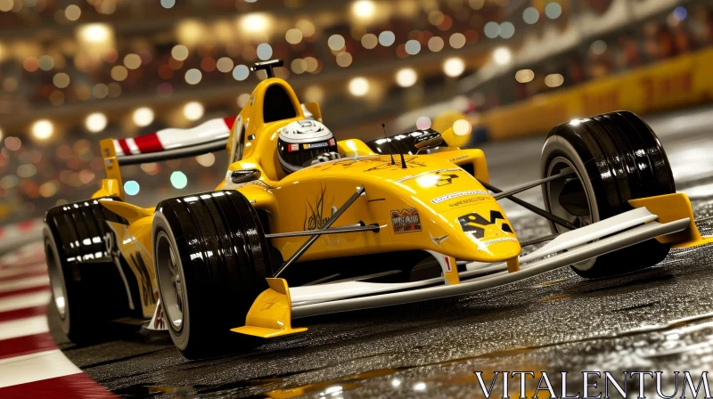 Yellow Formula 1 Race Car Speeding on Wet Track AI Image