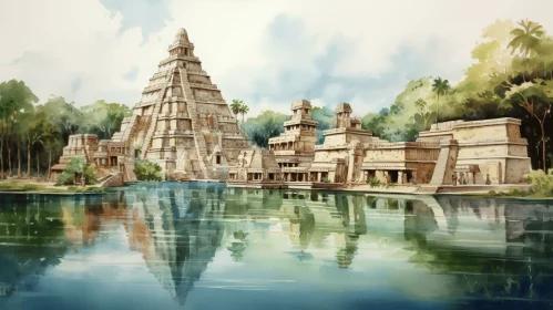 Ancient Temple Painting in Realistic Watercolor Style | Mayan Art and Architecture