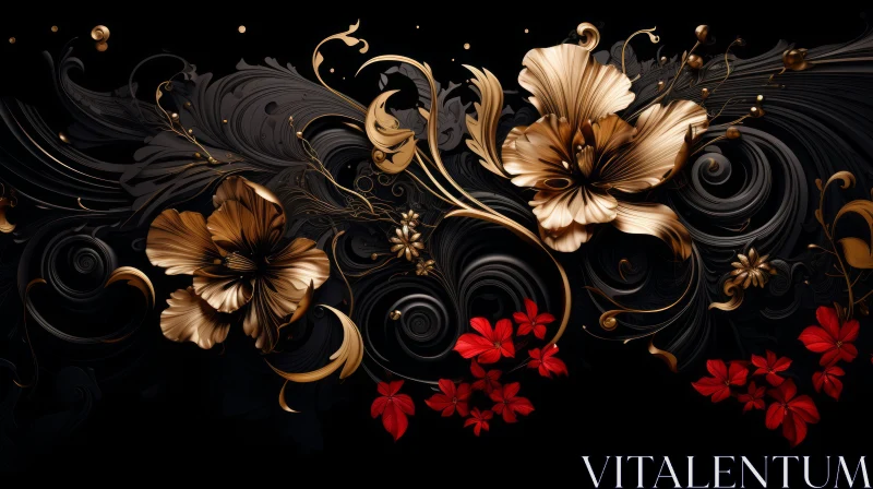 Luxurious Dark Floral Pattern with Gold and Red Accents AI Image