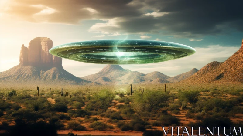 Mysterious UFO Encounter in Desert Landscape AI Image