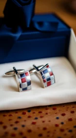 Silver Cufflinks with Checkered Pattern in Blue Box