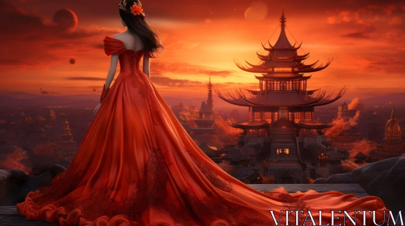 Woman in Red Dress at Ancient Chinese City Sunset AI Image