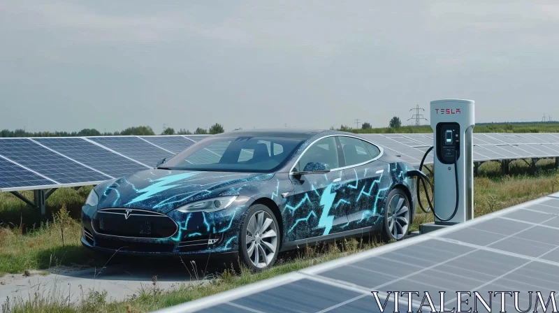Blue Tesla Model S Plaid at Tesla Supercharger Station AI Image