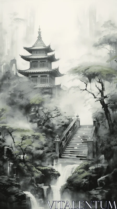 Captivating Asian House with Bridge to Waterfall | Digital Fantasy Landscapes AI Image