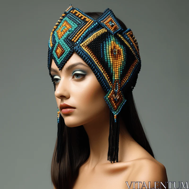 Captivating Fashion: Young Woman in Colorful Headdress and Jewelry AI Image