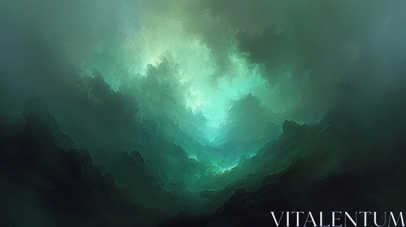 Dark Green Abstract Painting with Stormy Atmosphere AI Image