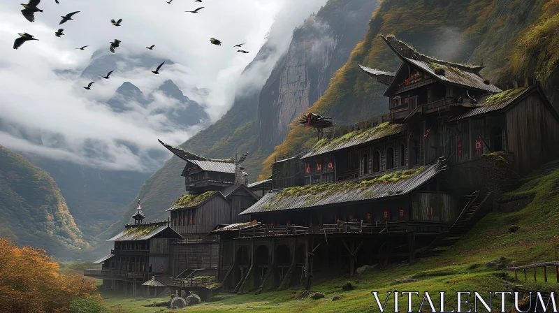 Enigmatic Mountain Village Digital Painting AI Image