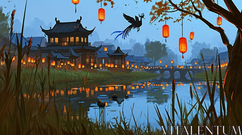Tranquil Chinese Landscape Painting with Village and Mountains AI Image