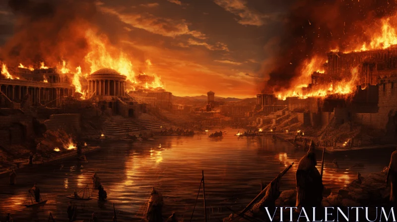 Ancient City Engulfed in Flames | Captivating Roman Empire Art AI Image