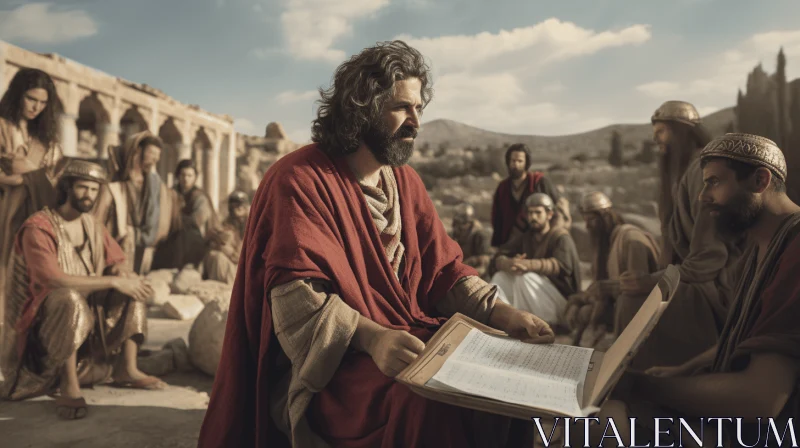 Captivating Portrait of Jesus Reading Scripture in a Desert Setting AI Image