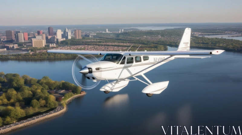 Cessna Caravan Flying Over River and City AI Image