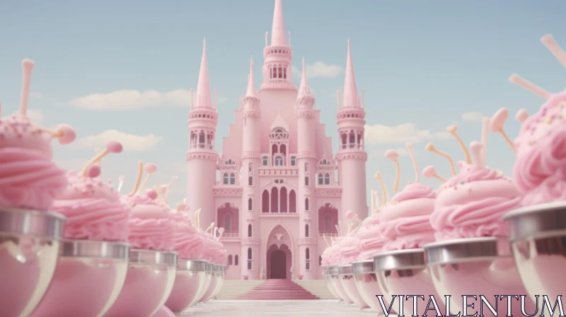 Enchanting 3D Pink Castle Rendering with Path and Cupcakes AI Image