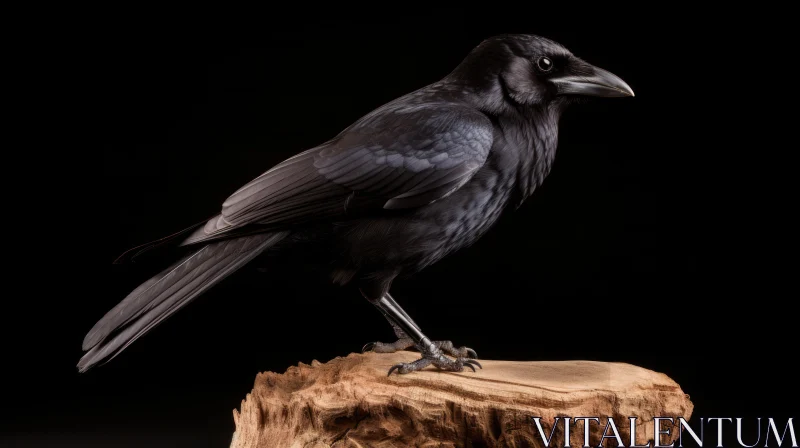 Glossy Black Crow Perched on Wood - Stock Photo AI Image