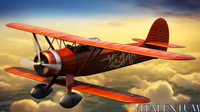 Red Biplane in Sunset Sky AI Image