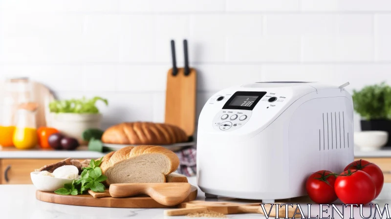 White Bread Maker on Kitchen Counter with Loaf of Bread and Knife AI Image