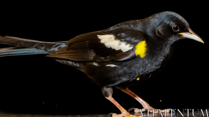 Black Bird with Yellow and White Markings on Branch AI Image