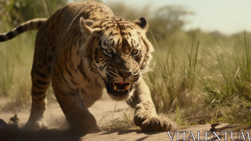Fierce Tiger Running in Charge - Wildlife Photography AI Image