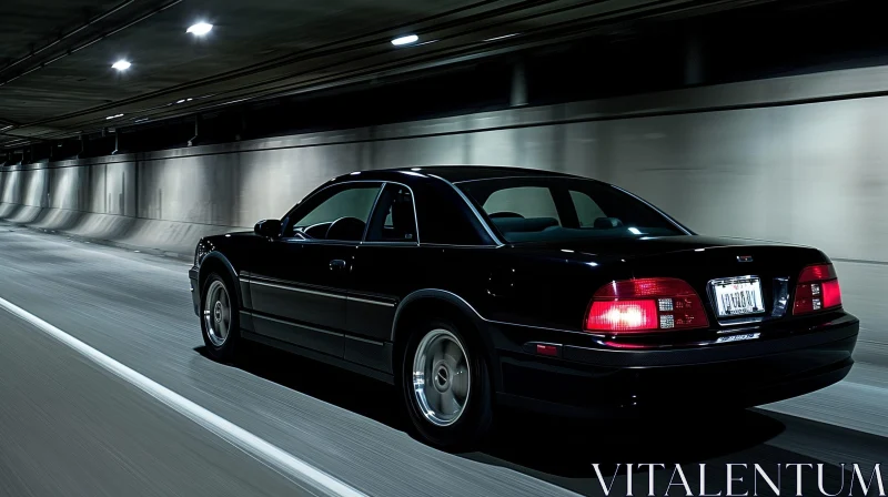 Black Car Speeding Through Dark Tunnel AI Image