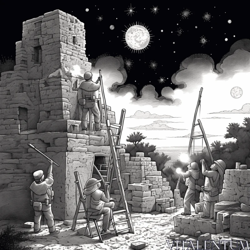 Captivating Black and White Drawing of Men Working in a Tower under a Starry Sky AI Image