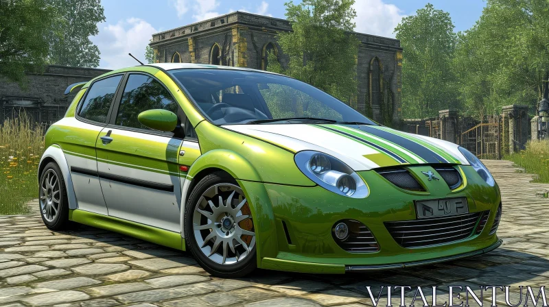 Green and White Hatchback Car Parked on Cobblestone Street AI Image