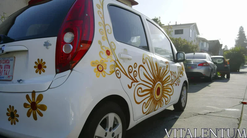 White Car with Floral Decals Parked on Street AI Image