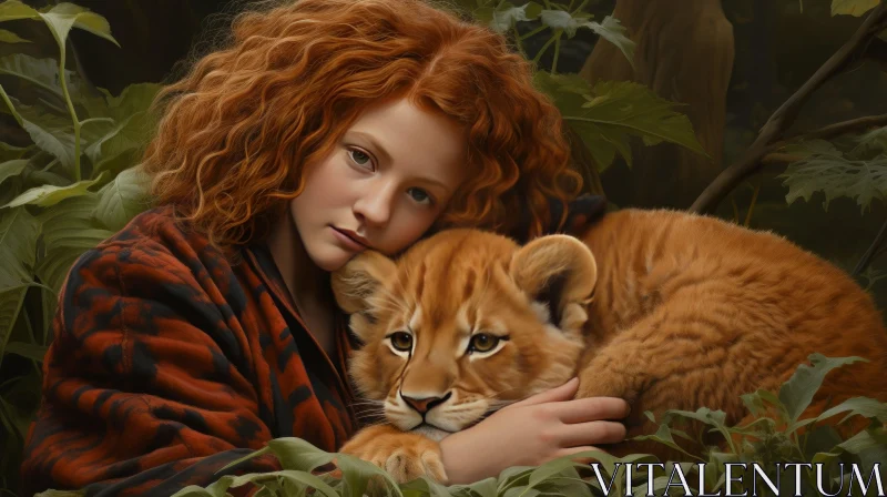 Enchanting Encounter: Girl and Lion Cub in Forest AI Image