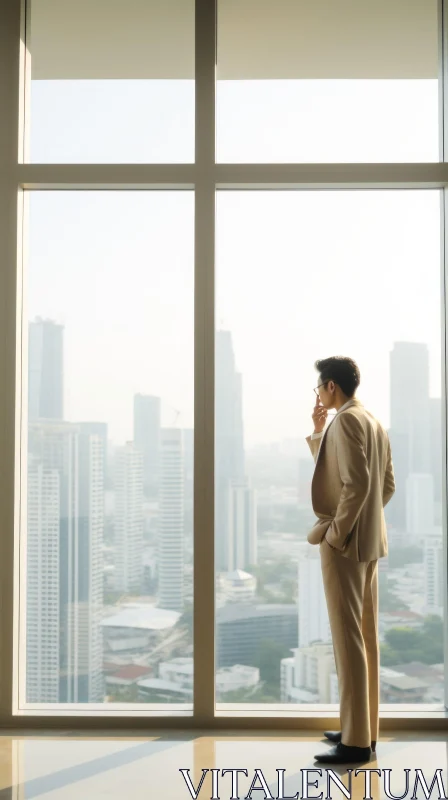 Urban Contemplation: Man in Beige Suit by City Window AI Image