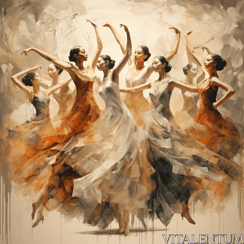 Captivating Ballet Dancers Painting in Dark Orange and Light Beige AI Image