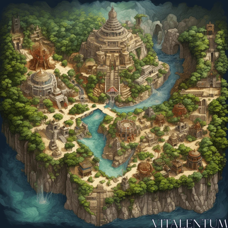 Fantasy Island Map on Cliff | Buddhist Art Influence | Realistic Landscapes AI Image
