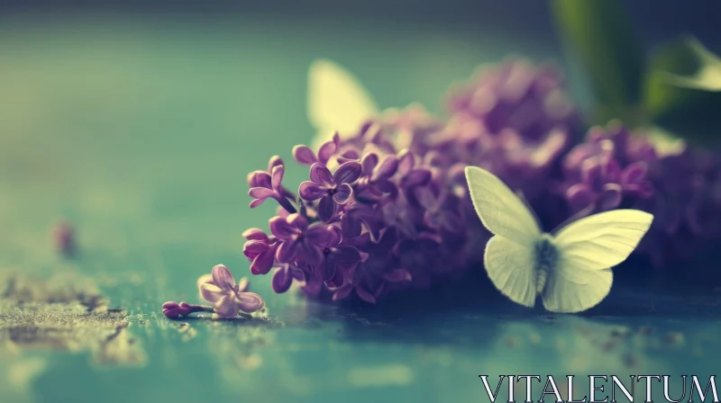 Purple Lilacs and White Butterfly Close-up AI Image