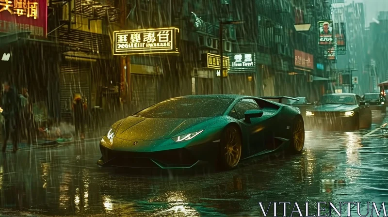 Urban Action: Green Lamborghini Huracan Speeding Through Neon City AI Image