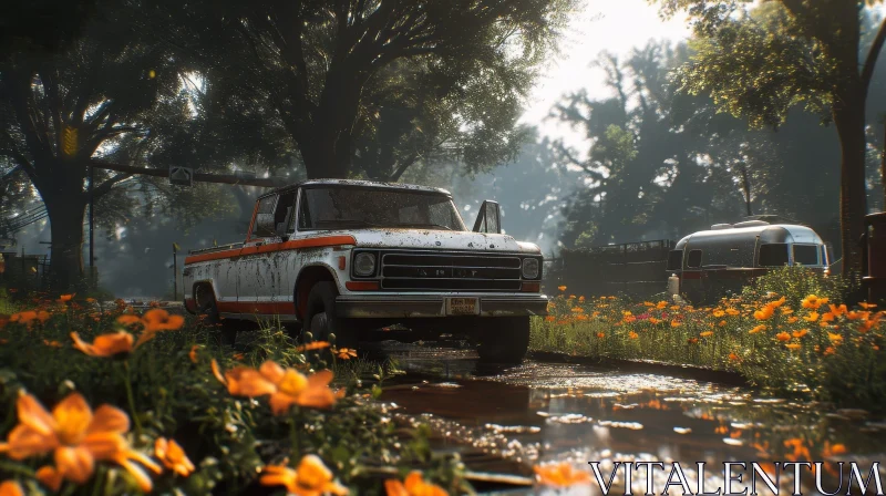 Abandoned Retro Pickup Truck in Post-Apocalyptic Flower Field AI Image