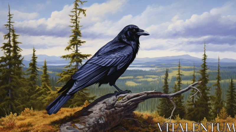 Majestic Raven in Forest Painting AI Image