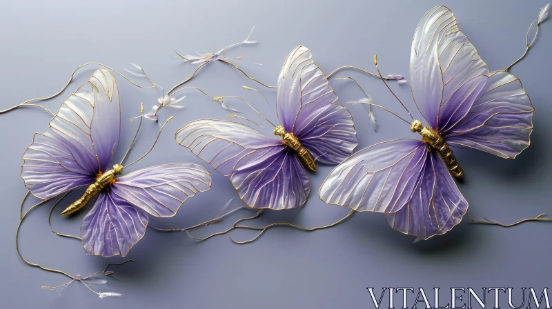 Three Butterflies in Lavender and Gold - Nature Inspired Art AI Image