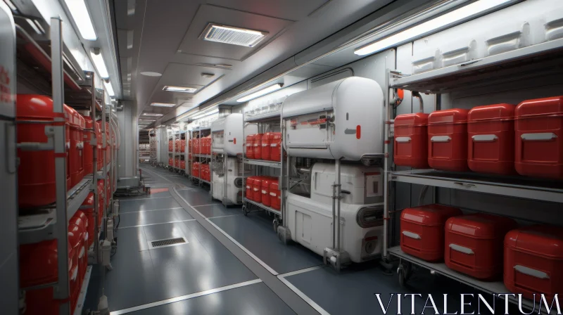 AI ART Unique Corridor Scene with Red Boxes and White Cart