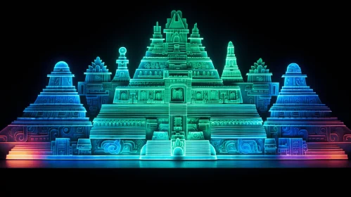 Mesmerizing Cyan Neon-lit Castle with Decorative Relief | Artistic Masterpiece