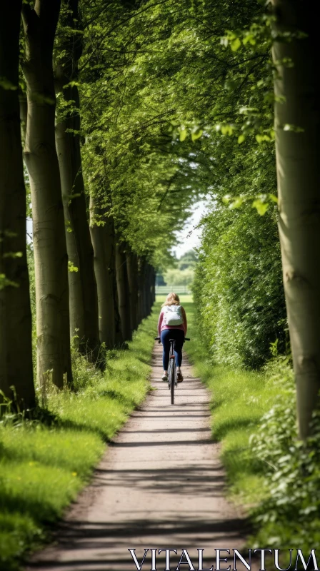 Scenic Cyclist Riding Along Tree-Lined Path AI Image