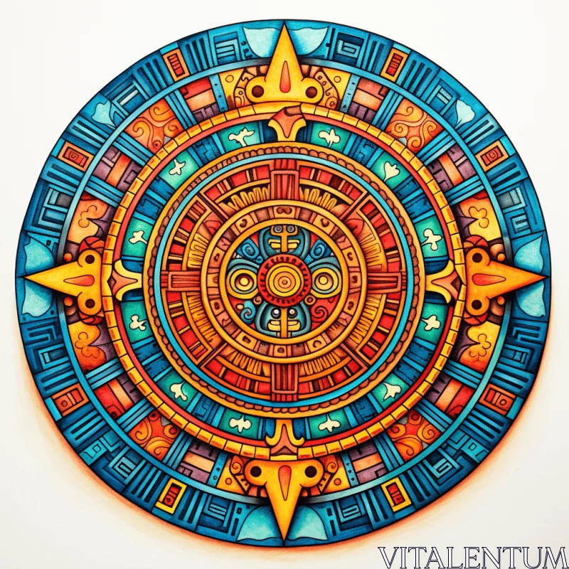 AI ART Colorful Wooden Aztec Sun Wheel - Precise and Detailed Architecture Painting