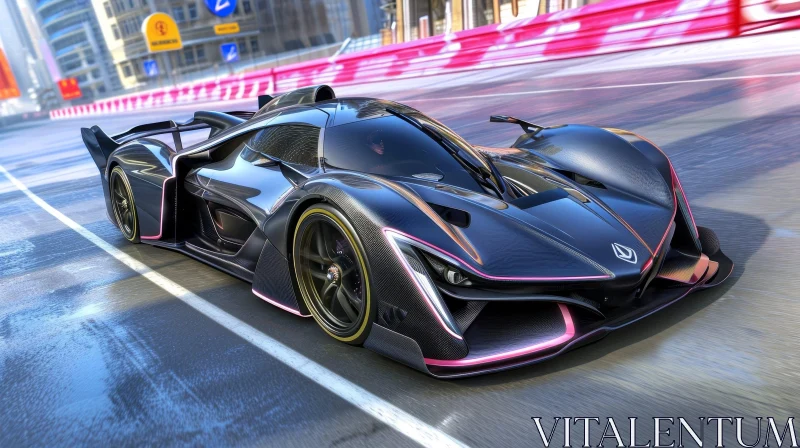 Sleek Black and Pink Supercar Racing on Urban Track AI Image