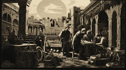 Vintage Print of People in Old Town - Realistic Hyper-Detailed Artwork