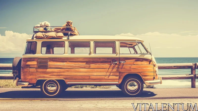 Vintage Yellow and White Van with Surfboard on Beach AI Image