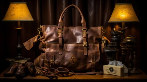 Brown Leather Bag Still Life Composition