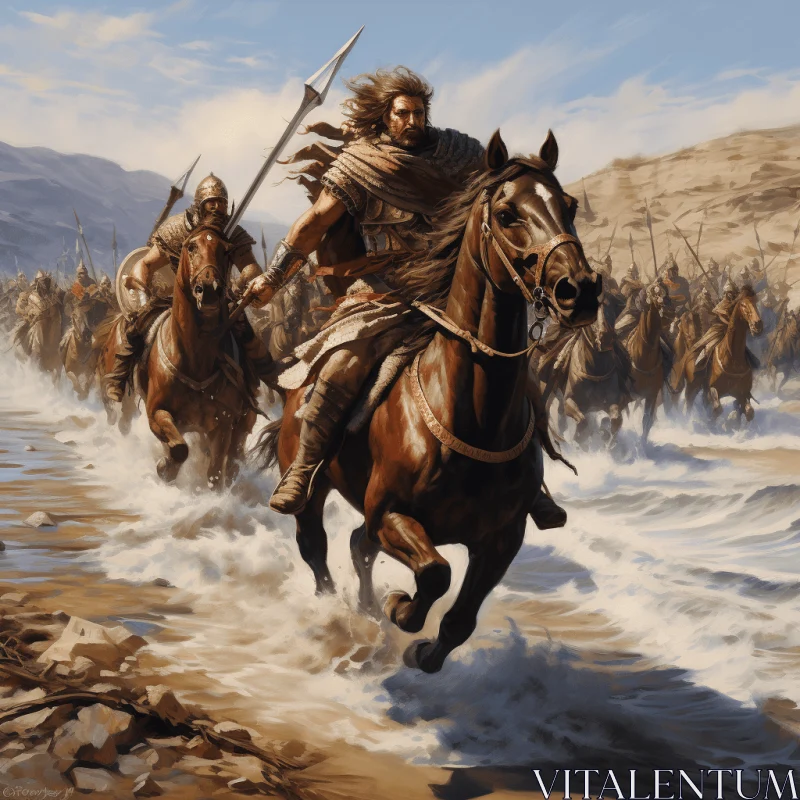 AI ART Transfixing Marine Scene: A Man on a Horse Enters the Ocean