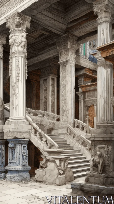 Intricate Interior Scene with Columns and Statue | Detailed Architecture Paintings AI Image