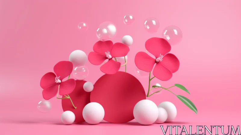 Pink Flowers 3D Rendering on Podium AI Image