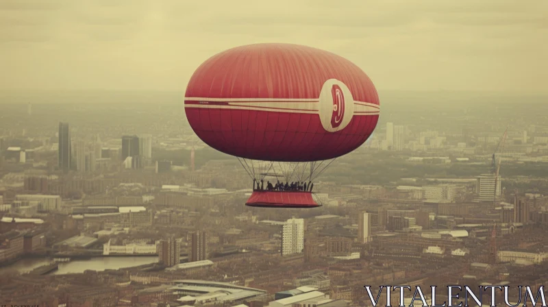 Red Hot Air Balloon Flying Over City | Urban Landscape View AI Image