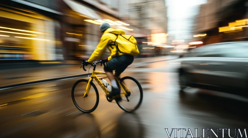 Urban Cyclist in Yellow Jacket Riding in Rain AI Image