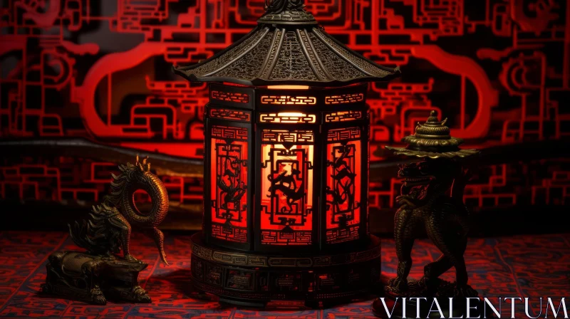Chinese Lantern and Guardian Lions Still Life Art AI Image