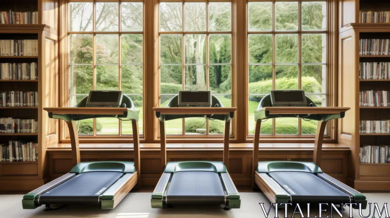 Modern Fitness Room with Treadmills and Green Landscape View AI Image